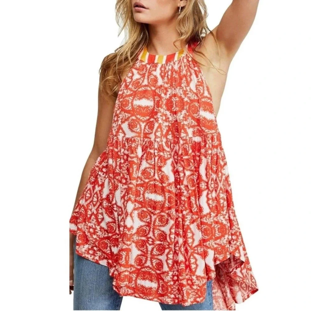 New Free People Mimi Halter Tunic Top Orange Floral Women Small Lavender Combo S - Picture 1 of 14